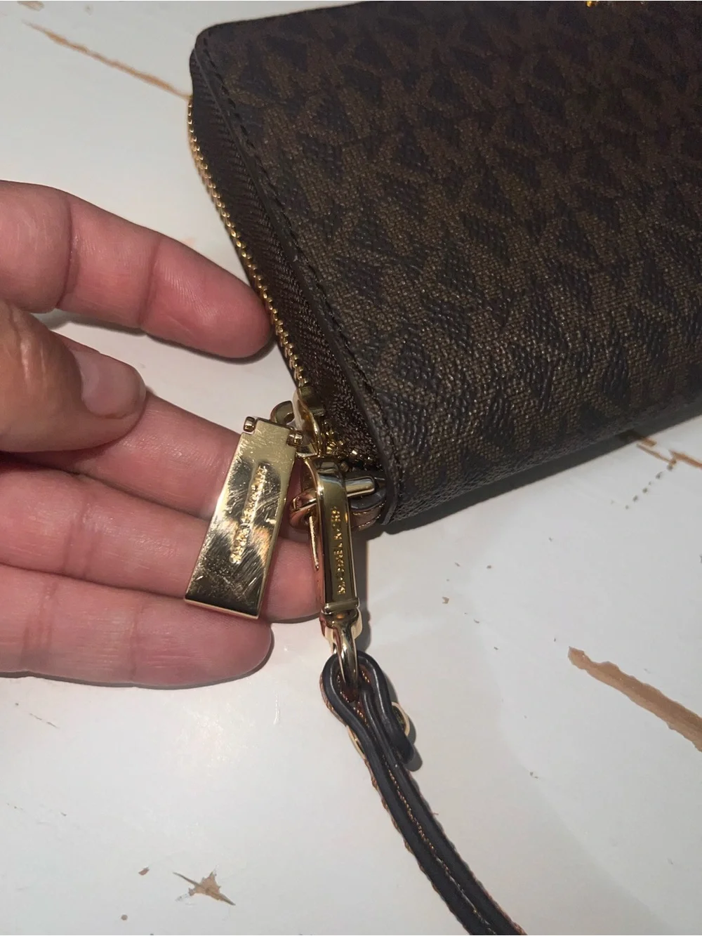 Michael Kors Brown and Gold Signature Zip Wristlet